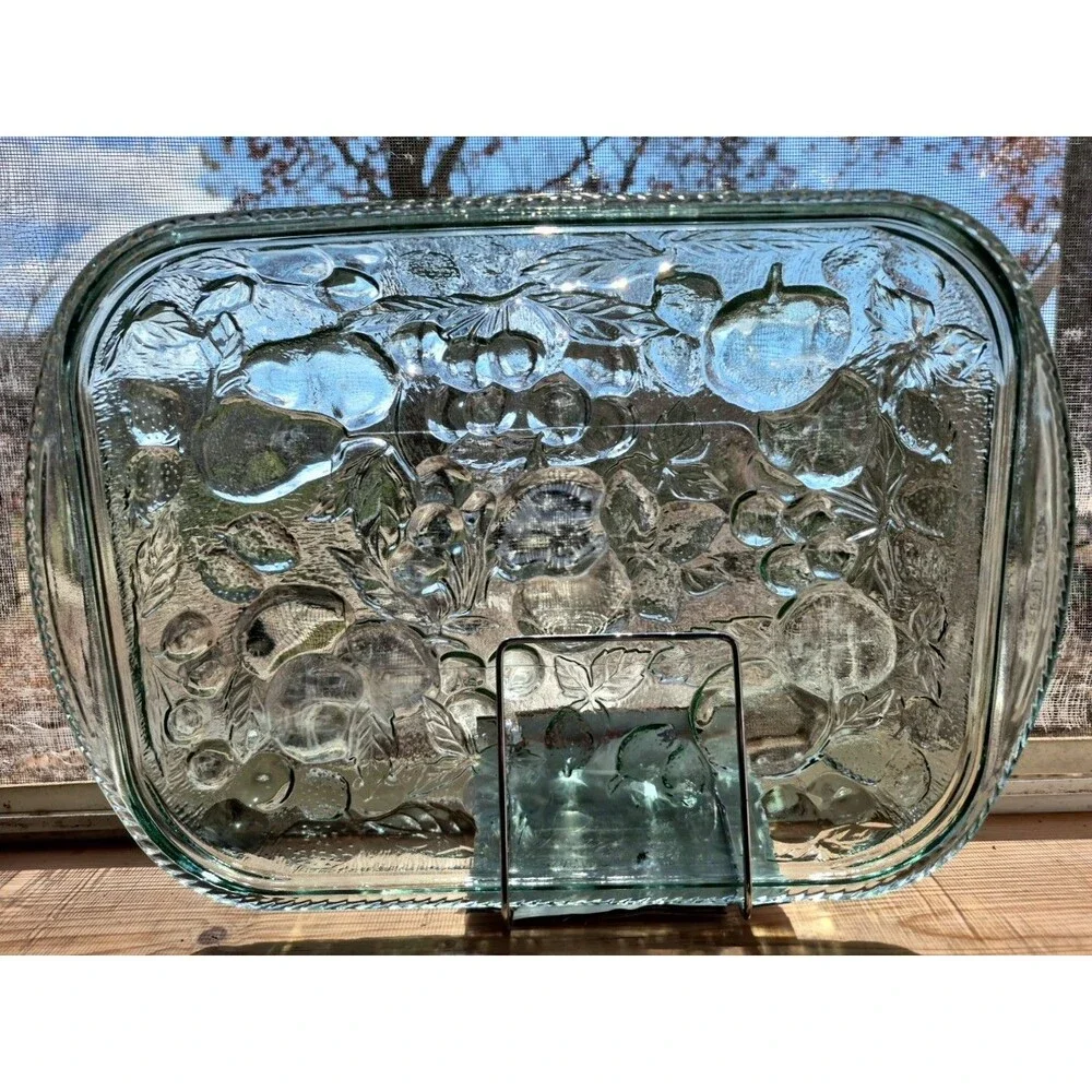 Vintage Libbey Orchard Fruit Green Glass Casserole Oven Proof Baking Dish 9”x13”